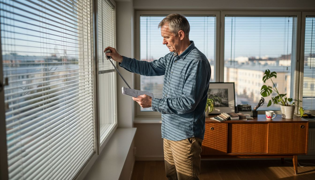 Mies mittaamassa ikkunaa sälekaihtimia varten kotonaan