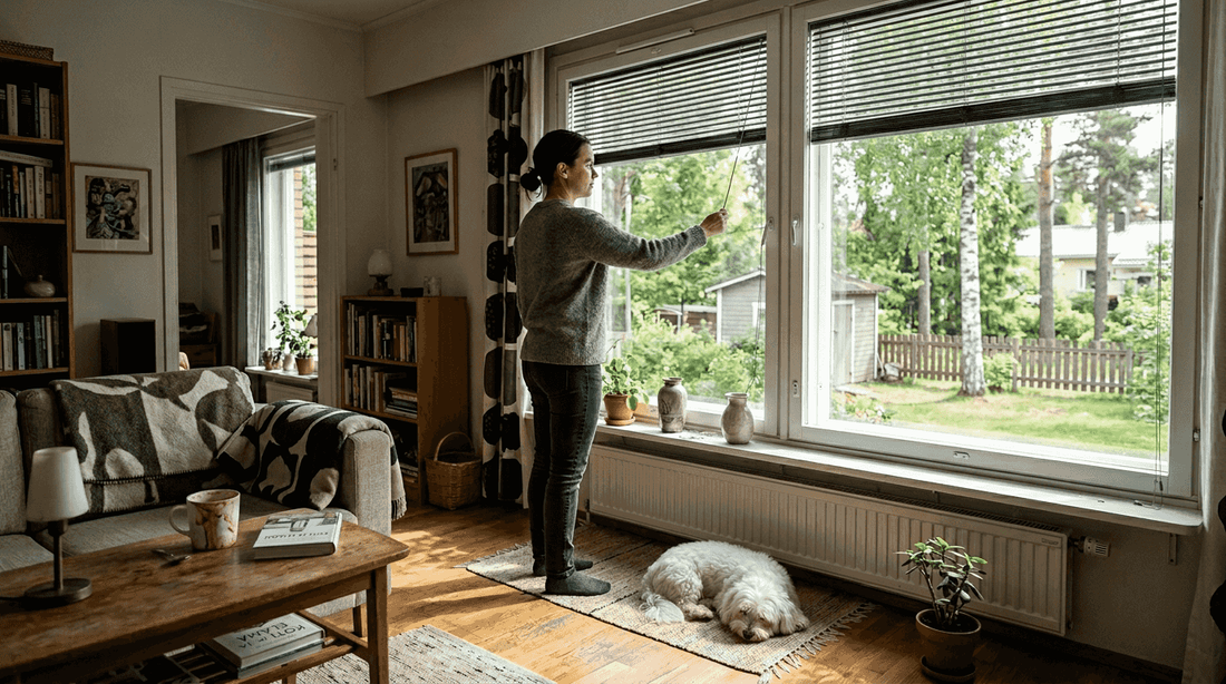 Suomalaisessa kodissa säädetään terassin aurinkosuojia sopivaksi.