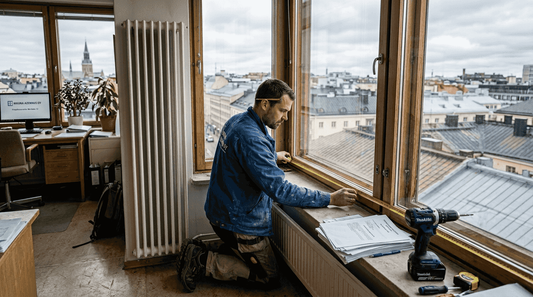 Asentaja mittaamassa toimiston ikkunaa sälekaihtimia varten.