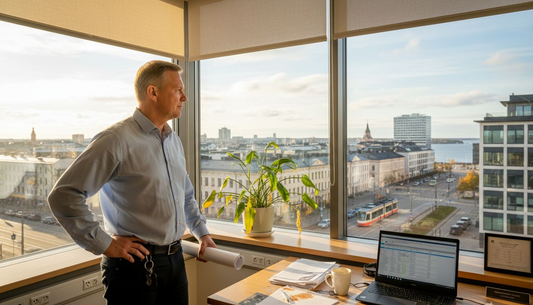Johtaja ihailee aamun ensimmäisiä auringonsäteitä kulmahuoneessaan.