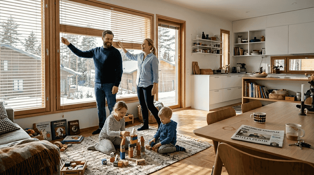 Perhe säätää aurinkosuojia kotonaan – auringonpaisteessa kaihtimet auttavat pitämään kodin sopivan viileänä ja tunnelman mukavana.