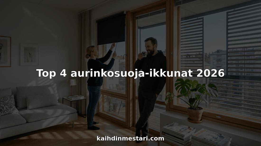 Pariskunta säätää moderneja kaihtimia olohuoneen ikkunoissa.