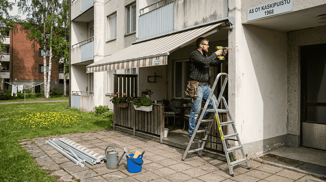 Asentaja kiinnittää markiisia kerrostalon parvekkeen yläpuolelle.