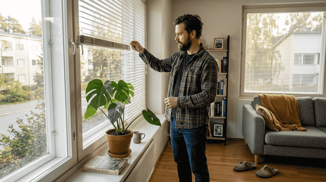 Mies säätää sälekaihtimia valoisassa, nykyaikaisessa olohuoneessa.