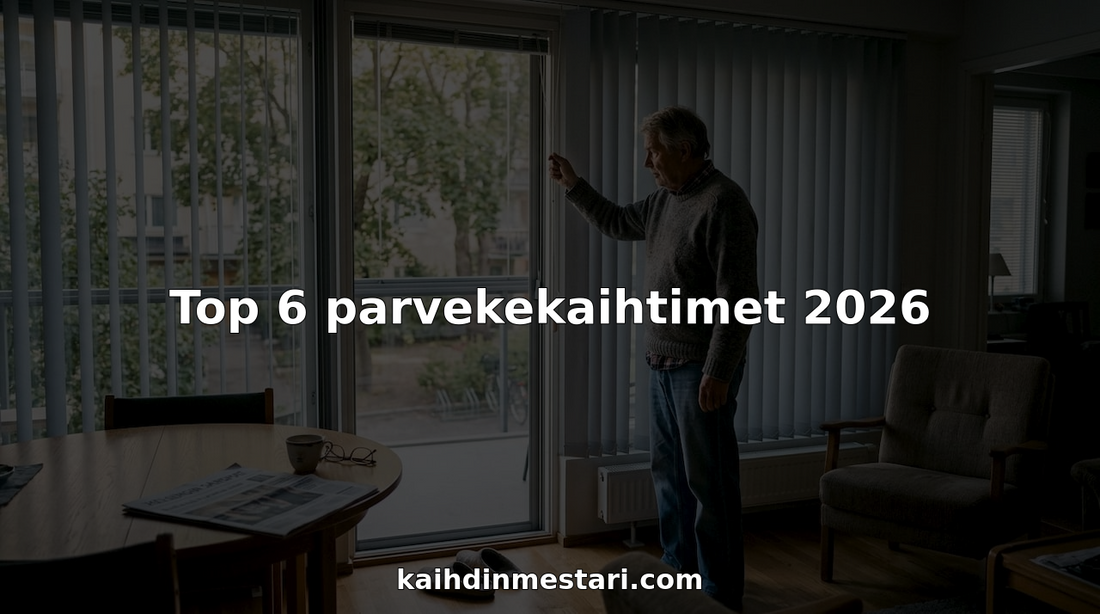 Suomalaismies säätämässä parvekkeen sälekaihtimia kotonaan.