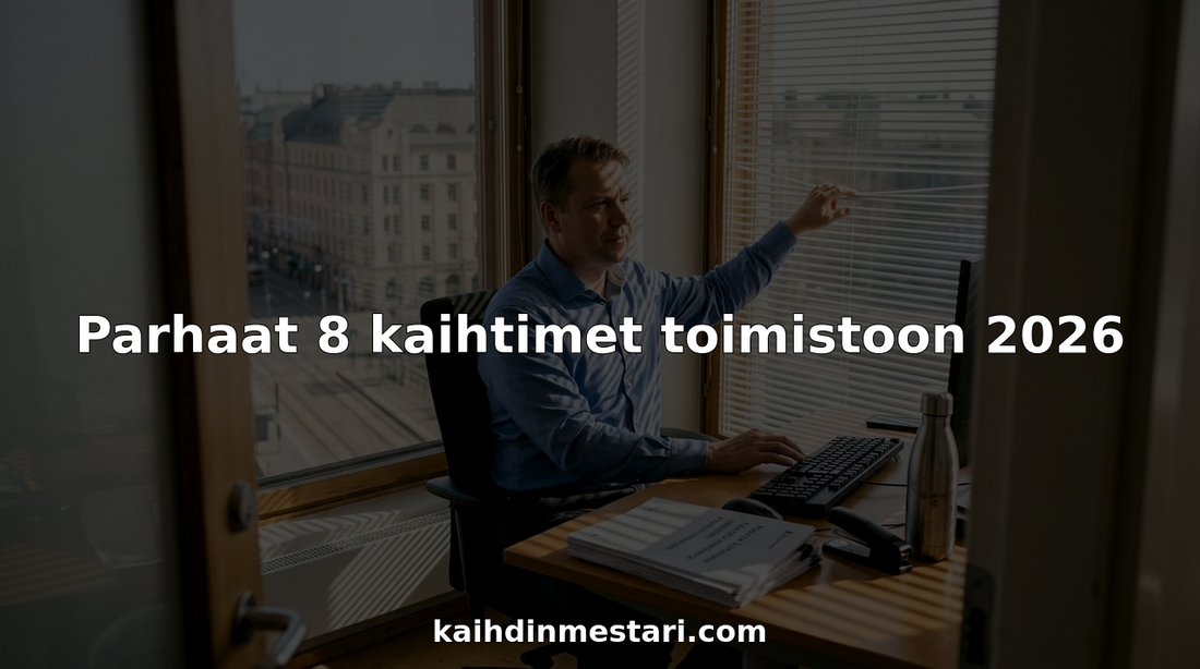 Toimistotyöntekijä säätää sälekaihtimia nurkkapisteellään.