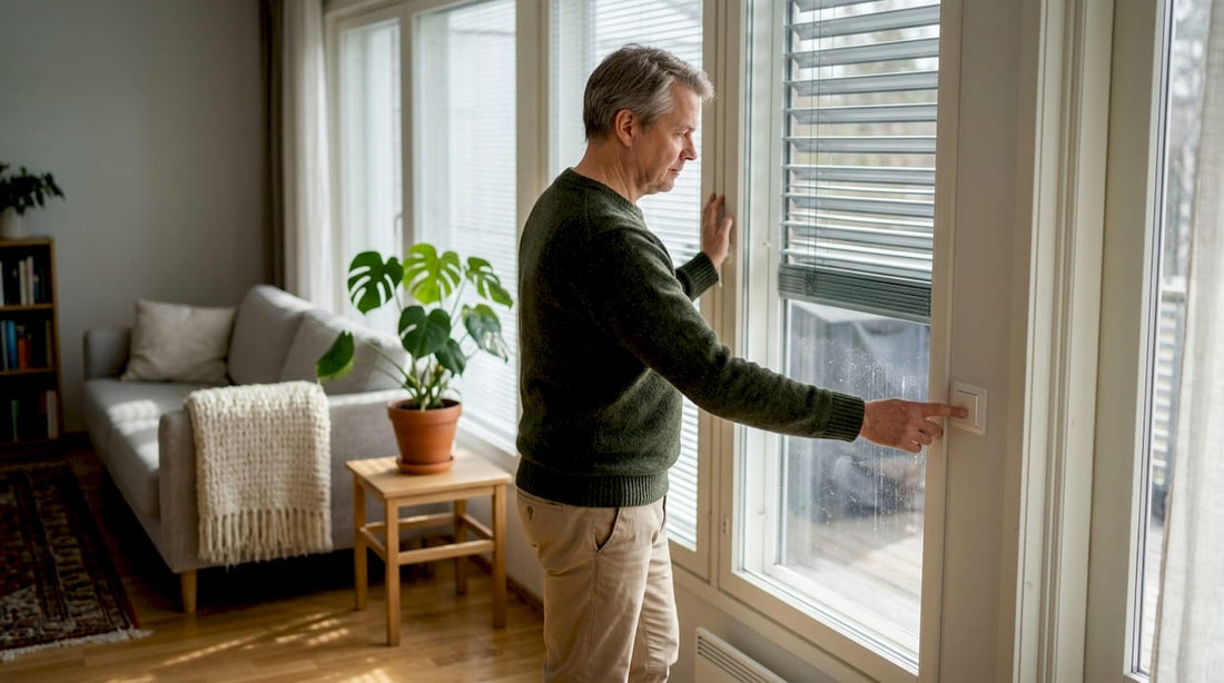 Mies säätämässä olohuoneen ulkopuolisia sälekaihtimia