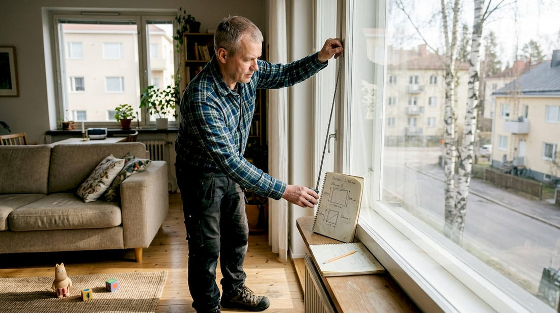 Asentaja ottaa olohuoneen ikkunasta mitat mittanauhan avulla.