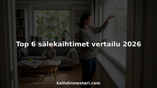 Nainen säätää sälekaihtimia kodikkaassa olohuoneessa.