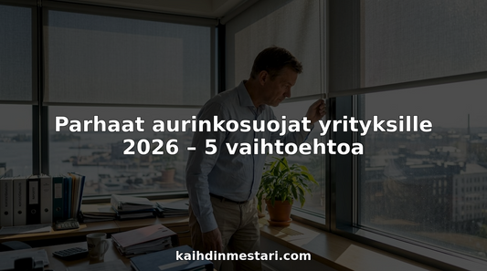 Kiinteistöpäällikkö tarkistaa toimiston aurinkosuojat