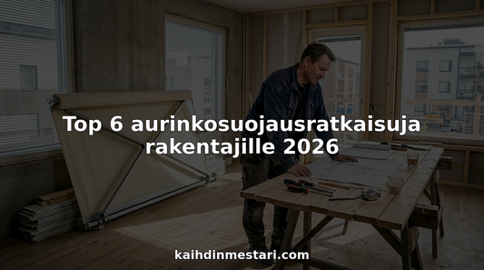 Työnjohtaja tarkastelee piirustuksia aurinkosuojien läheisyydessä.