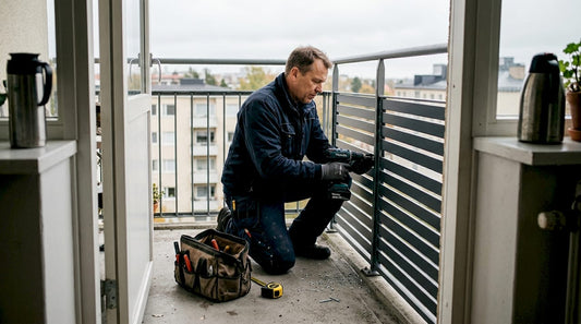 Mies asentaa parvekkeelle näkösuojaa työkalujen avulla.