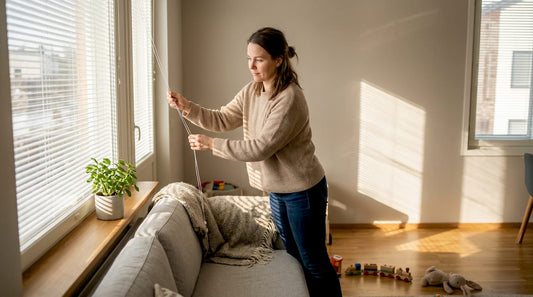 Nainen säätää kaihtimia valoisassa olohuoneessa