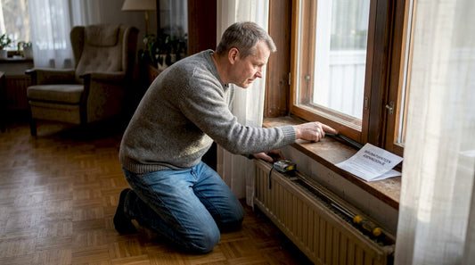 Omistaja tarkistaa ikkunan tiivisteet mahdollisten rakojen varalta.