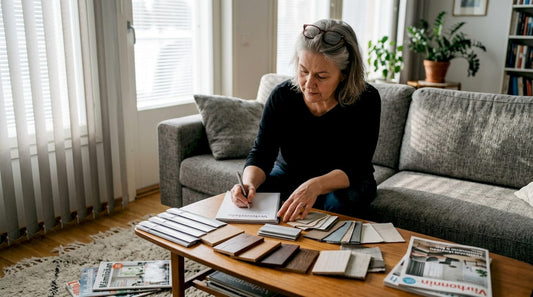 Nainen vertailee erilaisia kaihdinmateriaaleja olohuoneessaan.