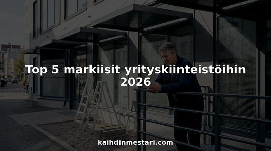 Toimistorakennus, jonka tyylikkäät liiketilat erottuvat moderneilla katoksilla.