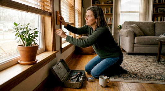 Nainen valmistelee verhojen asennusta varten tarvittavat työkalut.