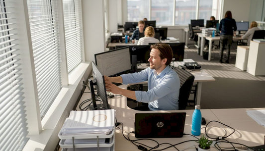 Toimistotyöntekijä säätää kaihtimia auringon paistaessa sisään ikkunasta.