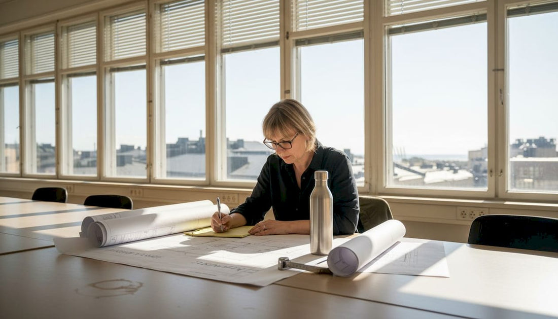 Arkkitehti käy läpi rakennuksen aurinkosuojien suunnitelmia.