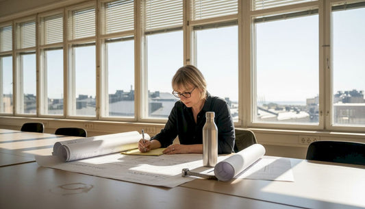 Arkkitehti käy läpi rakennuksen aurinkosuojien suunnitelmia.