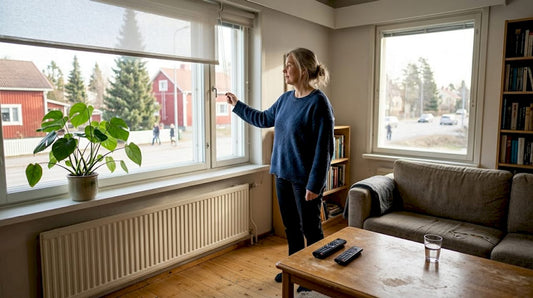 Nainen säätää rullaverhoa suomalaisessa kodissa.