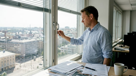 Toimistopäällikkö säätää sälekaihtimia auringonvalon mukaan.