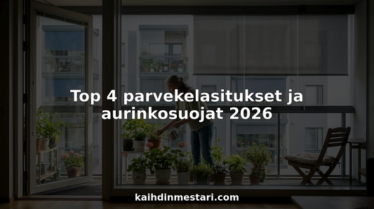 Asukas hoitaa kasvejaan lasitetulla parvekkeella.