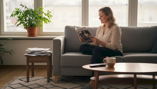 Nainen lukemassa ikkunan äärellä sälekaihtimien suojassa