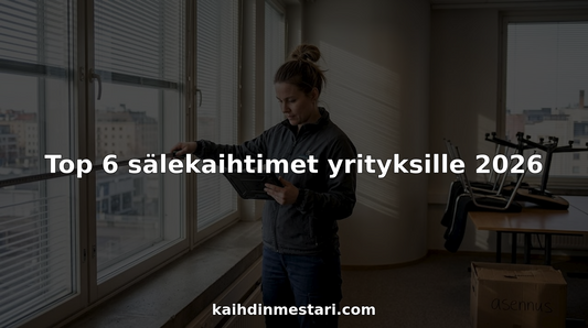 Kiinteistöpäällikkö mittaa toimiston ikkunoita uusia sälekaihtimia varten.