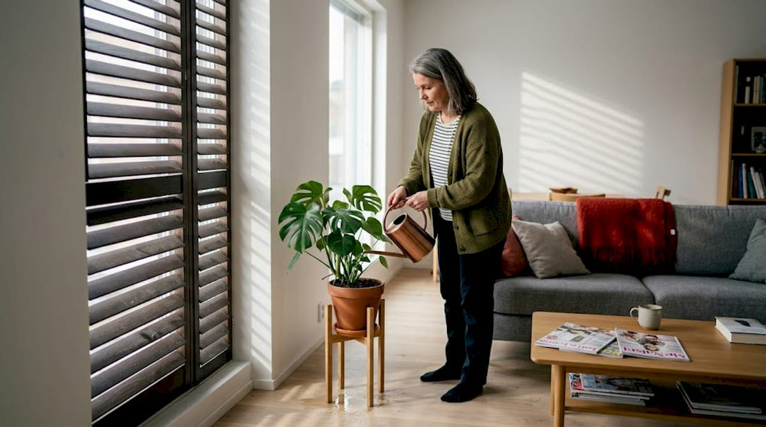 Nainen kastelee ikkunan ääressä olevaa kasvia, valo siivilöityy säleikköjen läpi.